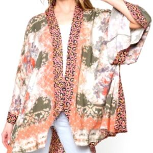 Aratta Silent Journey Boho Patchwork Kimono Open Cardigan Leopard Floral S/M